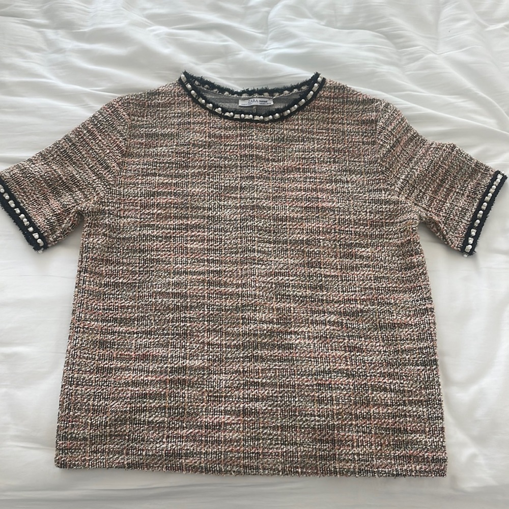 Zara tweed blouse with multi color and pearl trim around neck & sleeves
